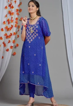 Leheriya Printed Georgette Asymmetric Kurta Set in Royal Blue