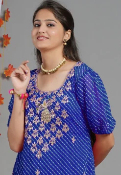Leheriya Printed Georgette Asymmetric Kurta Set in Royal Blue