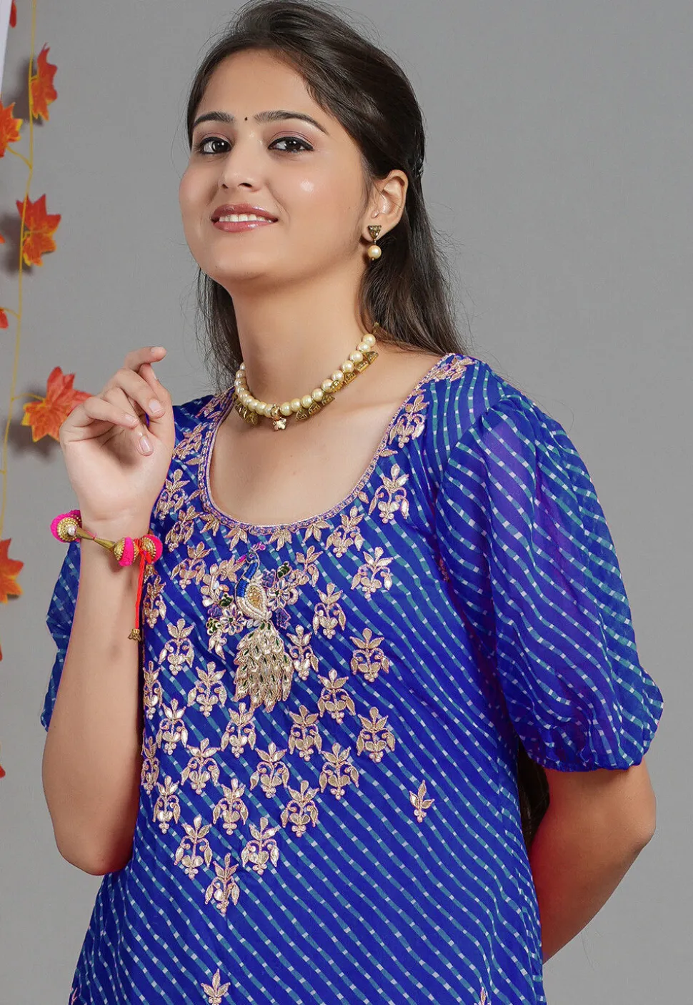 Leheriya Printed Georgette Asymmetric Kurta Set in Royal Blue