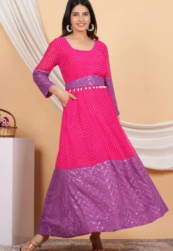 Leheriya Printed Georgette Anarkali Suit in Pink and Purple