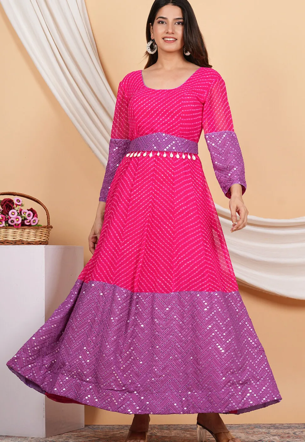 Leheriya Printed Georgette Anarkali Suit in Pink and Purple