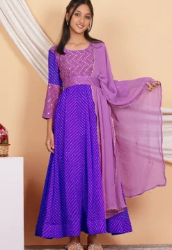 Leheriya Printed Georgette Abaya Style Suit in Purple