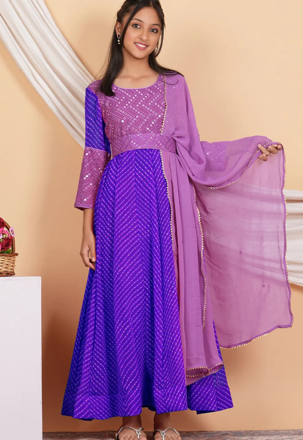 Leheriya Printed Georgette Abaya Style Suit in Purple