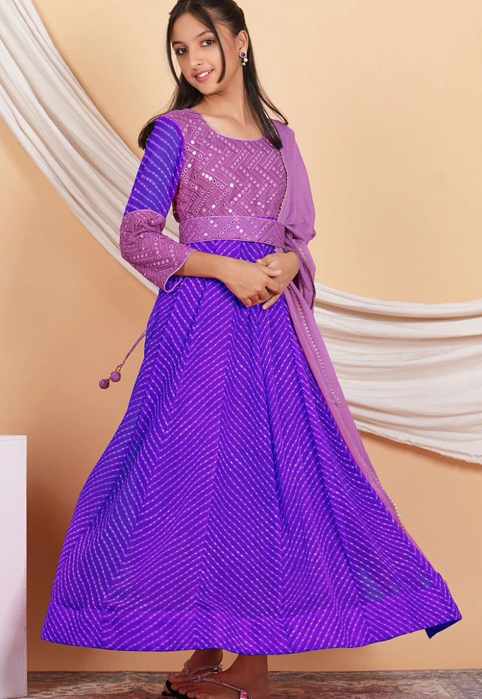 Leheriya Printed Georgette Abaya Style Suit in Purple