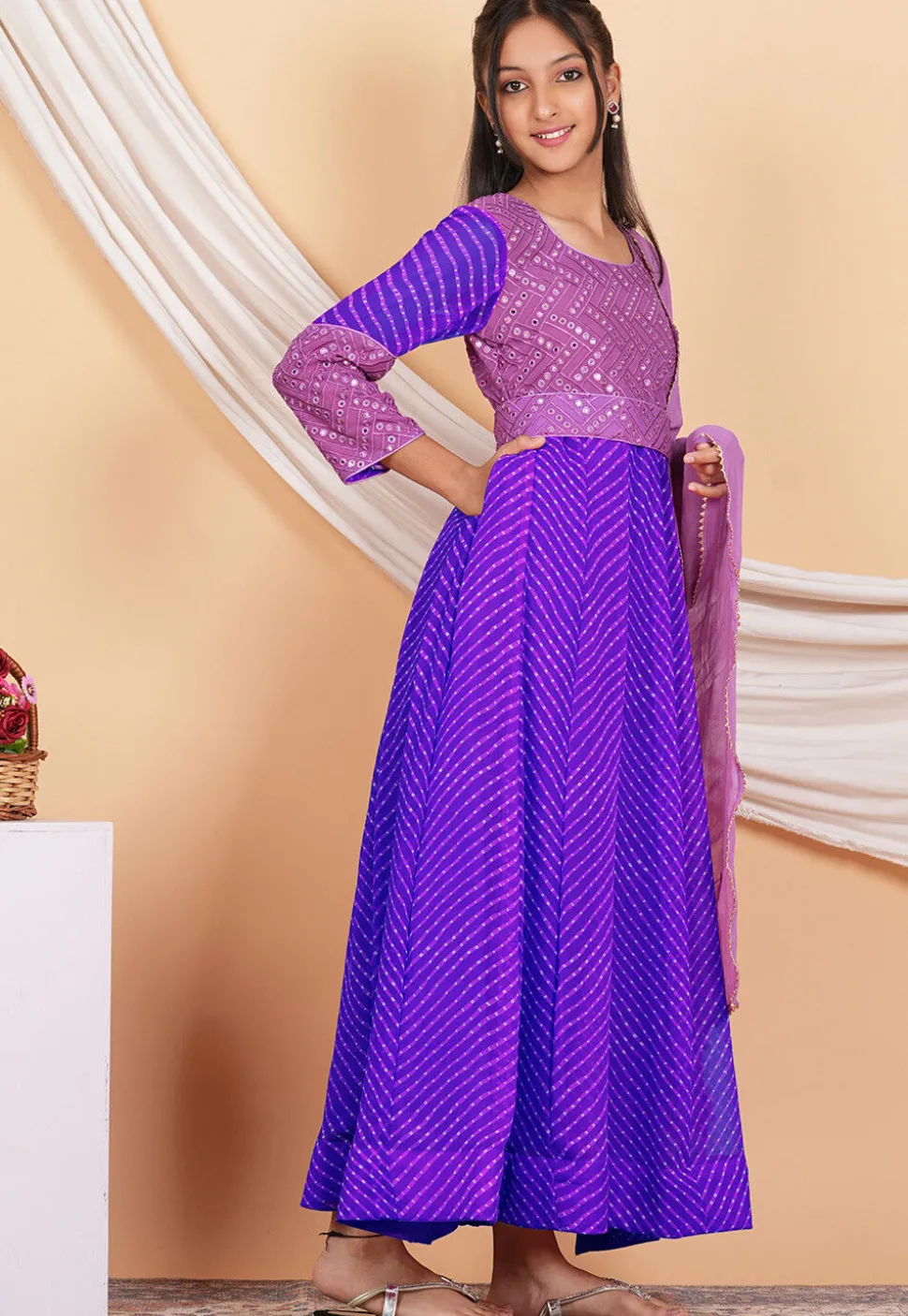 Leheriya Printed Georgette Abaya Style Suit in Purple