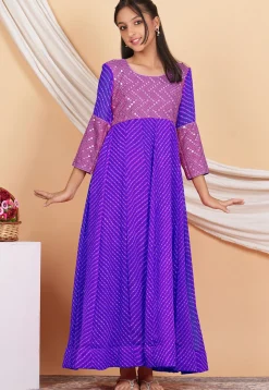 Leheriya Printed Georgette Abaya Style Suit in Purple
