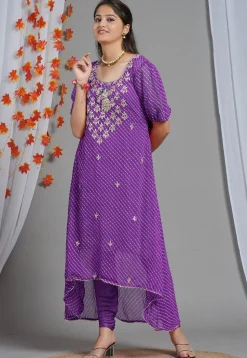 Leheriya Printed Georgette Asymmetric Kurta Set in Purple