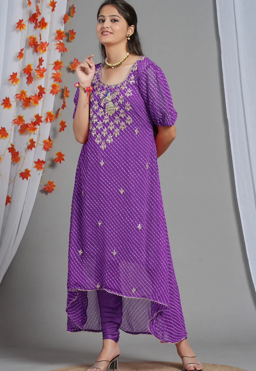 Leheriya Printed Georgette Asymmetric Kurta Set in Purple