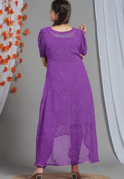 Leheriya Printed Georgette Asymmetric Kurta Set in Purple