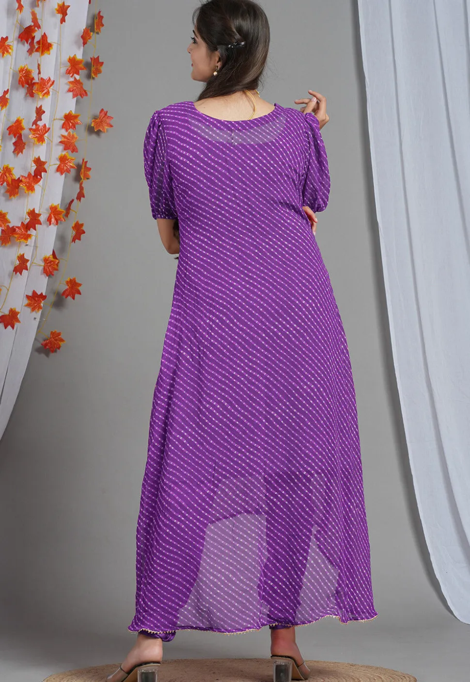 Leheriya Printed Georgette Asymmetric Kurta Set in Purple