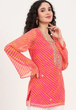 Leheriya Printed Georgette Kurti in Pink and Yellow