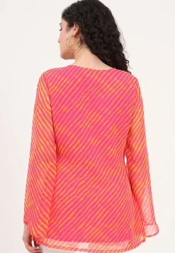 Leheriya Printed Georgette Kurti in Pink and Yellow