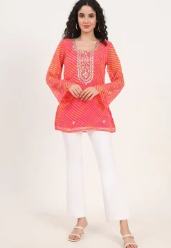Leheriya Printed Georgette Kurti in Pink and Yellow