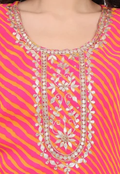 Leheriya Printed Georgette Kurti in Pink and Yellow
