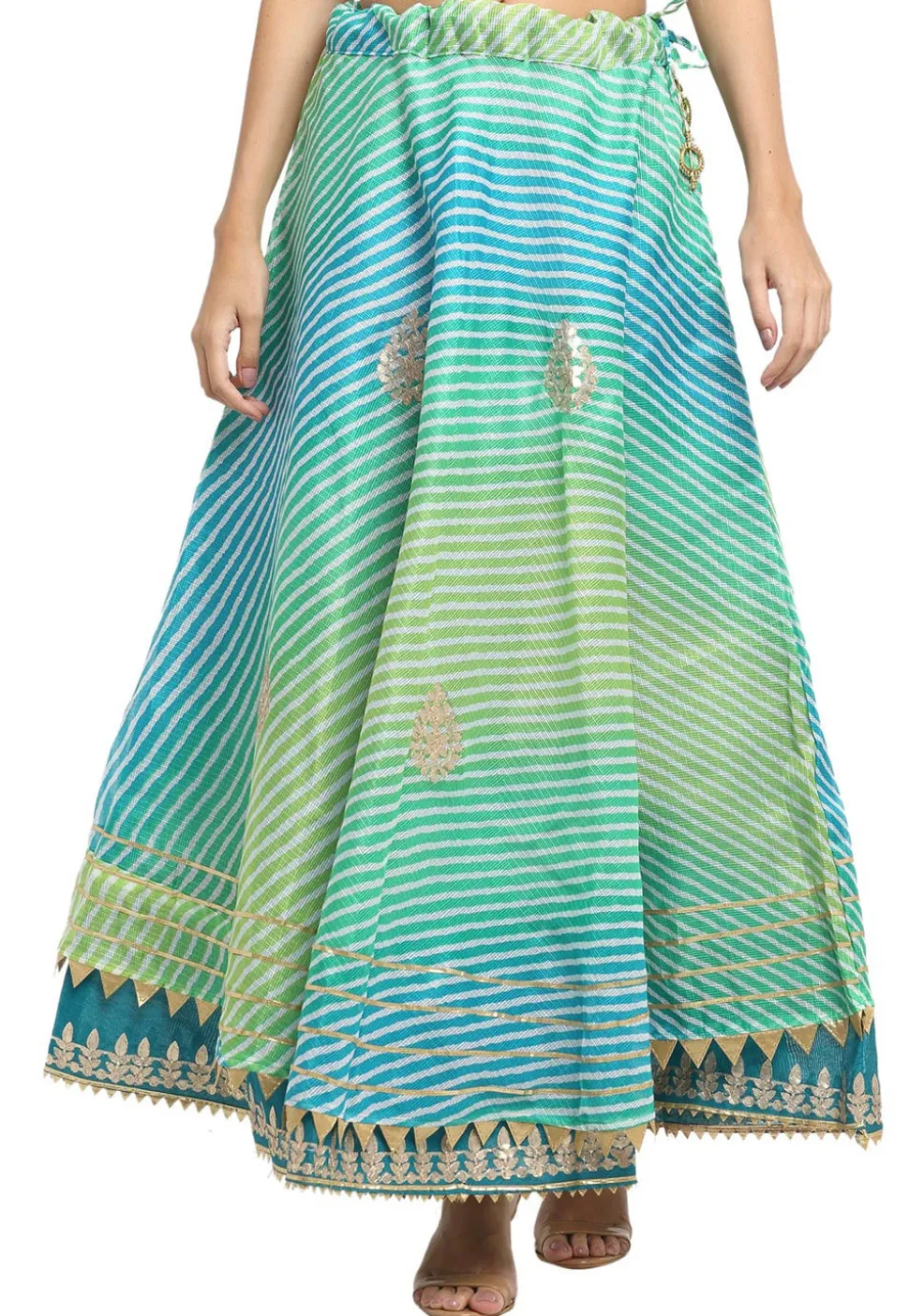 Leheriya Printed Kota Doria Flared Skirt in Blue and Green