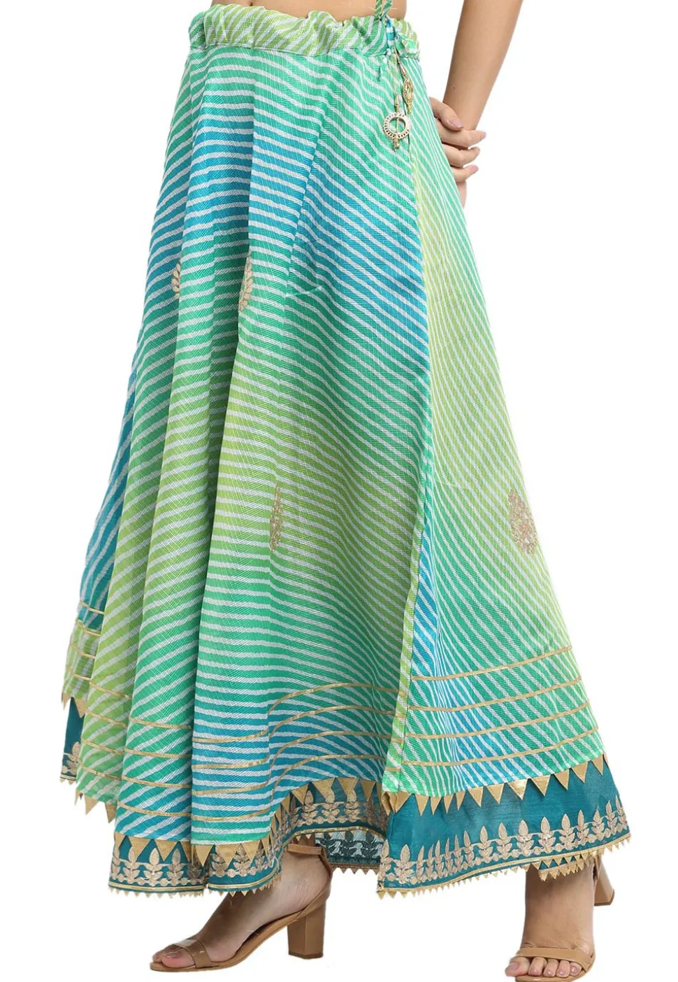 Leheriya Printed Kota Doria Flared Skirt in Blue and Green