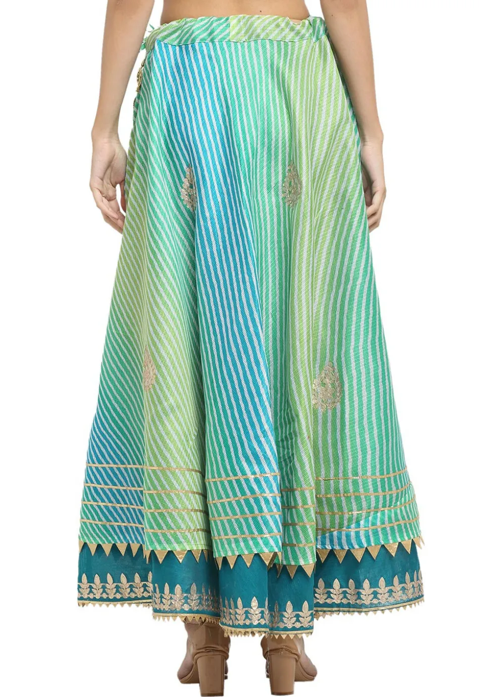 Leheriya Printed Kota Doria Flared Skirt in Blue and Green