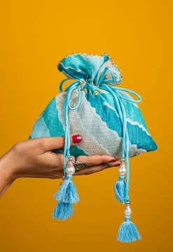 Leheriya Printed Kota Silk Potli Bag in Light Blue