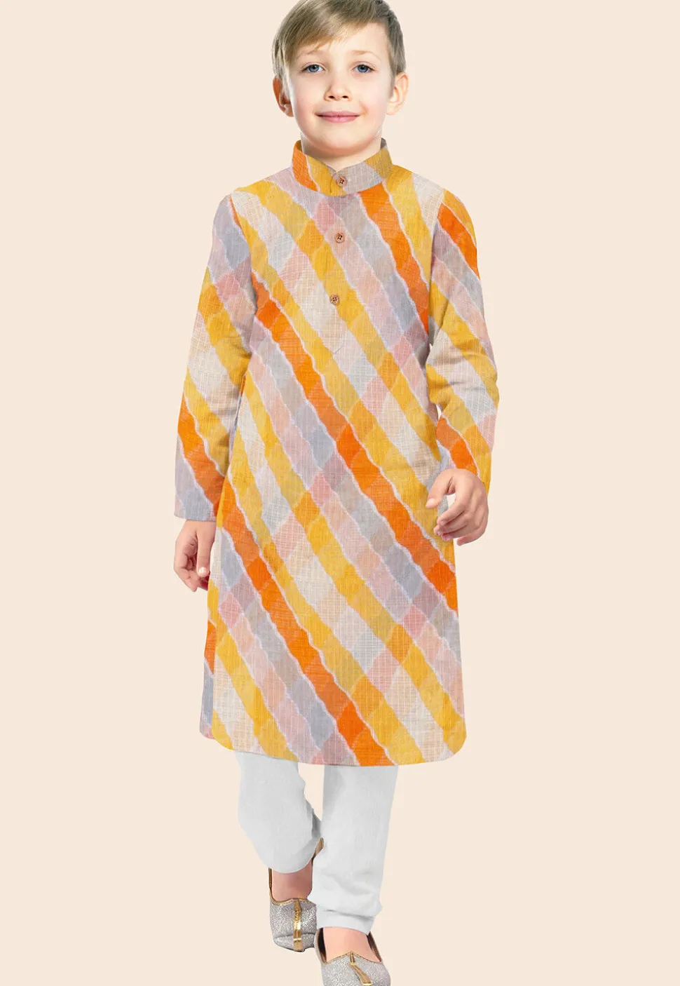 Leheriya Printed Kota Silk Kurta Set in Shaded Orange