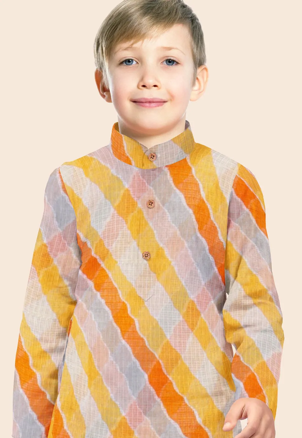 Leheriya Printed Kota Silk Kurta Set in Shaded Orange
