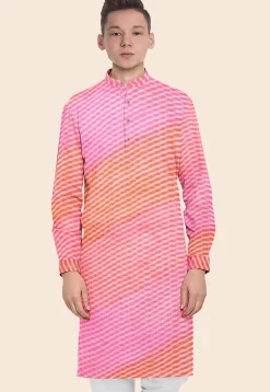 Leheriya Printed Kota Silk Kurta in Shaded Orange and Pink