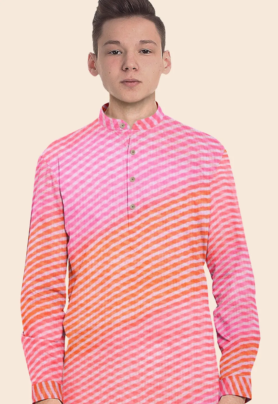 Leheriya Printed Kota Silk Kurta in Shaded Orange and Pink