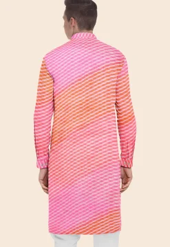Leheriya Printed Kota Silk Kurta in Shaded Orange and Pink