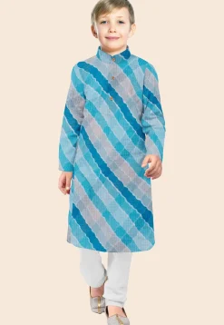 Leheriya Printed Kota Silk Kurta Set in Shaded Blue