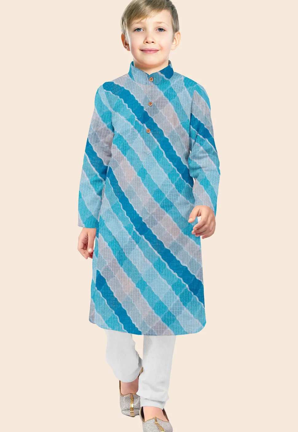 Leheriya Printed Kota Silk Kurta Set in Shaded Blue