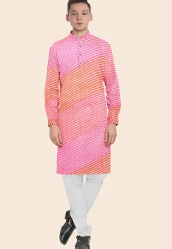 Leheriya Printed Kota Silk Kurta Set in Shaded Orange and Pink