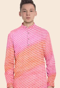 Leheriya Printed Kota Silk Kurta Set in Shaded Orange and Pink