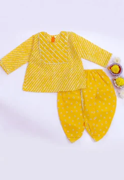 Leheriya Printed Pure Cotton Kurta Set in Yellow