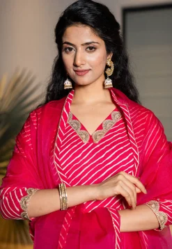 Leheriya Printed Pure Cotton A Line Suit in Fuchsia