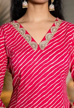 Leheriya Printed Pure Cotton A Line Suit in Fuchsia