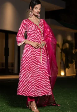 Leheriya Printed Pure Cotton Anarkali Suit in Fuchsia