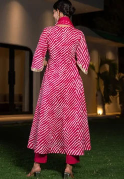 Leheriya Printed Pure Cotton Anarkali Suit in Fuchsia
