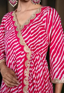 Leheriya Printed Pure Cotton Anarkali Suit in Fuchsia