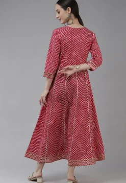 Leheriya Printed Pure Cotton Dress in Fuchsia