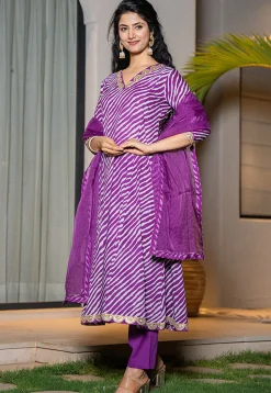 Leheriya Printed Pure Cotton A Line Suit in Purple