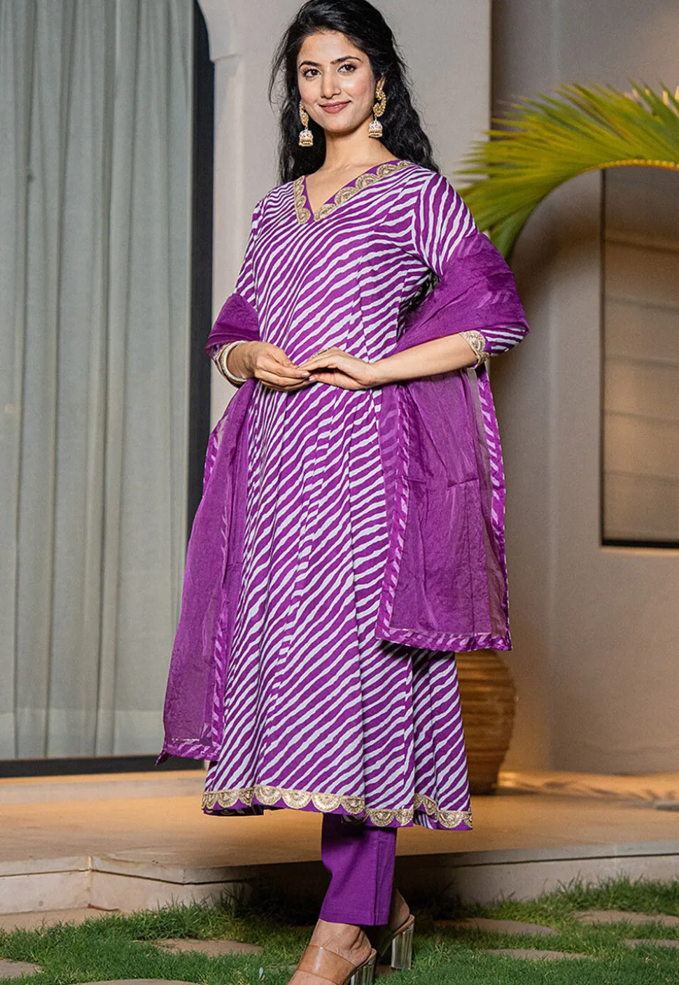 Leheriya Printed Pure Cotton A Line Suit in Purple