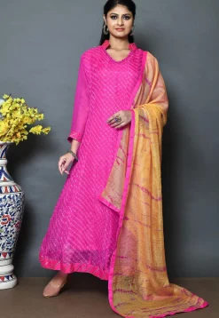 Leheriya Printed Pure Kota Silk Abaya Style Suit in Fuchsia