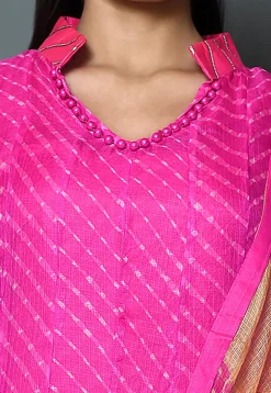 Leheriya Printed Pure Kota Silk Abaya Style Suit in Fuchsia