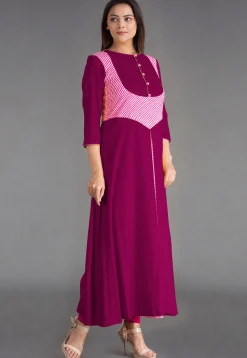 Leheriya Printed Rayon A Line Kurta inMagenta