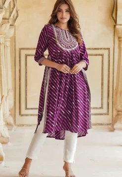 Leheriya Printed Viscose Rayon Naira Kurta Set in Purple