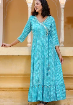 Leheriya Printed Viscose Rayon Long Kurta in Turquoise