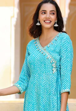 Leheriya Printed Viscose Rayon Long Kurta in Turquoise