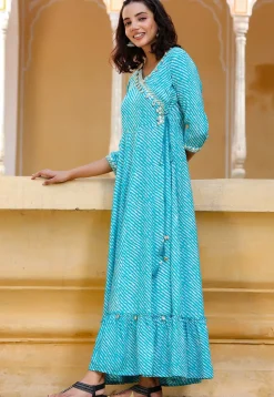 Leheriya Printed Viscose Rayon Long Kurta in Turquoise