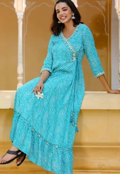 Leheriya Printed Viscose Rayon Long Kurta in Turquoise