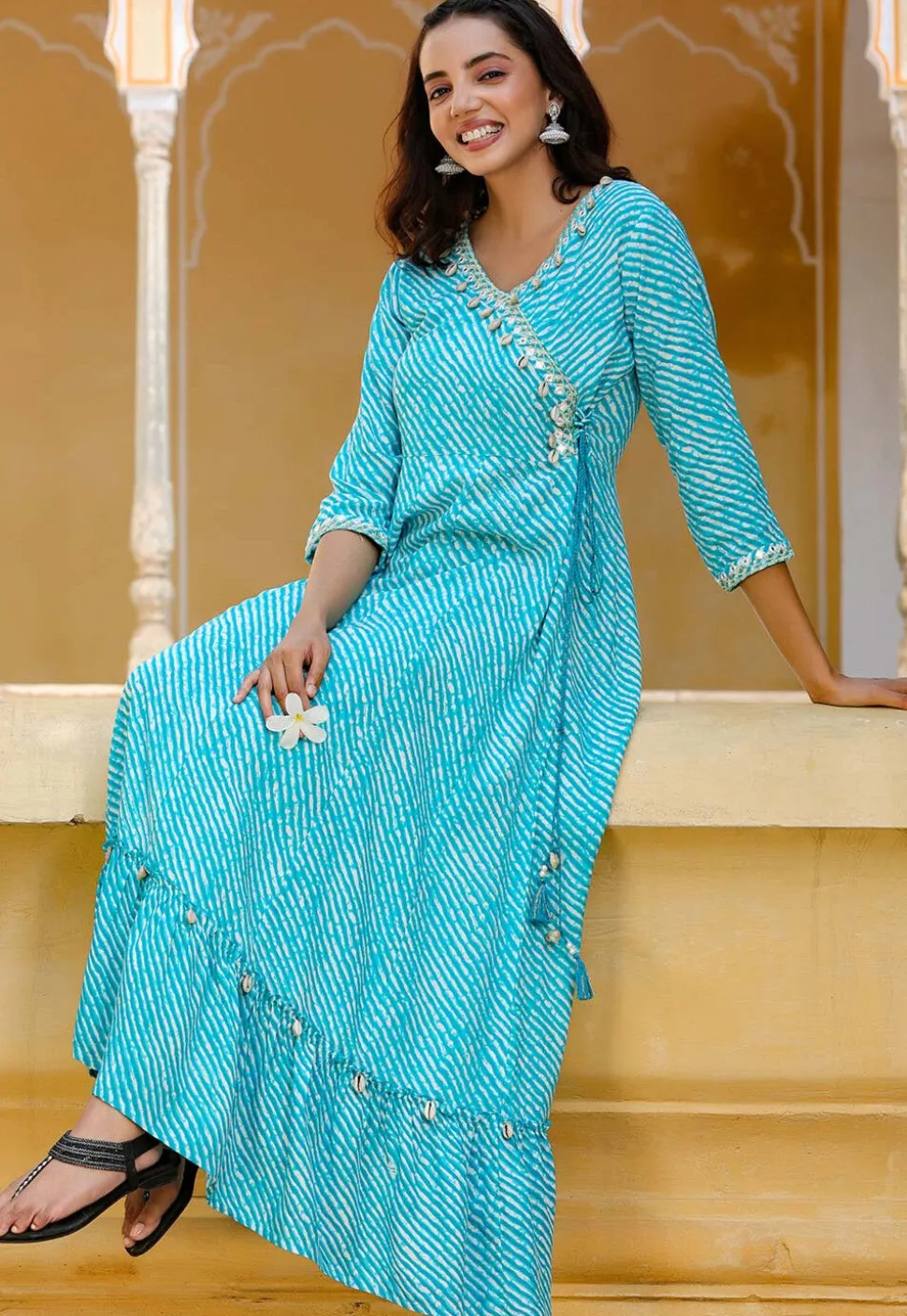 Leheriya Printed Viscose Rayon Long Kurta in Turquoise