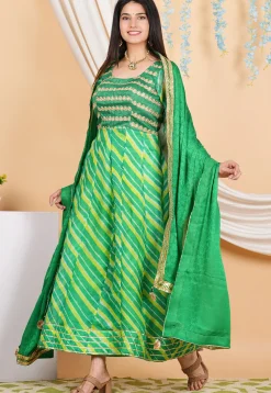 Leheriya PrintedPure Kota Silk Anarkali Suit in Green